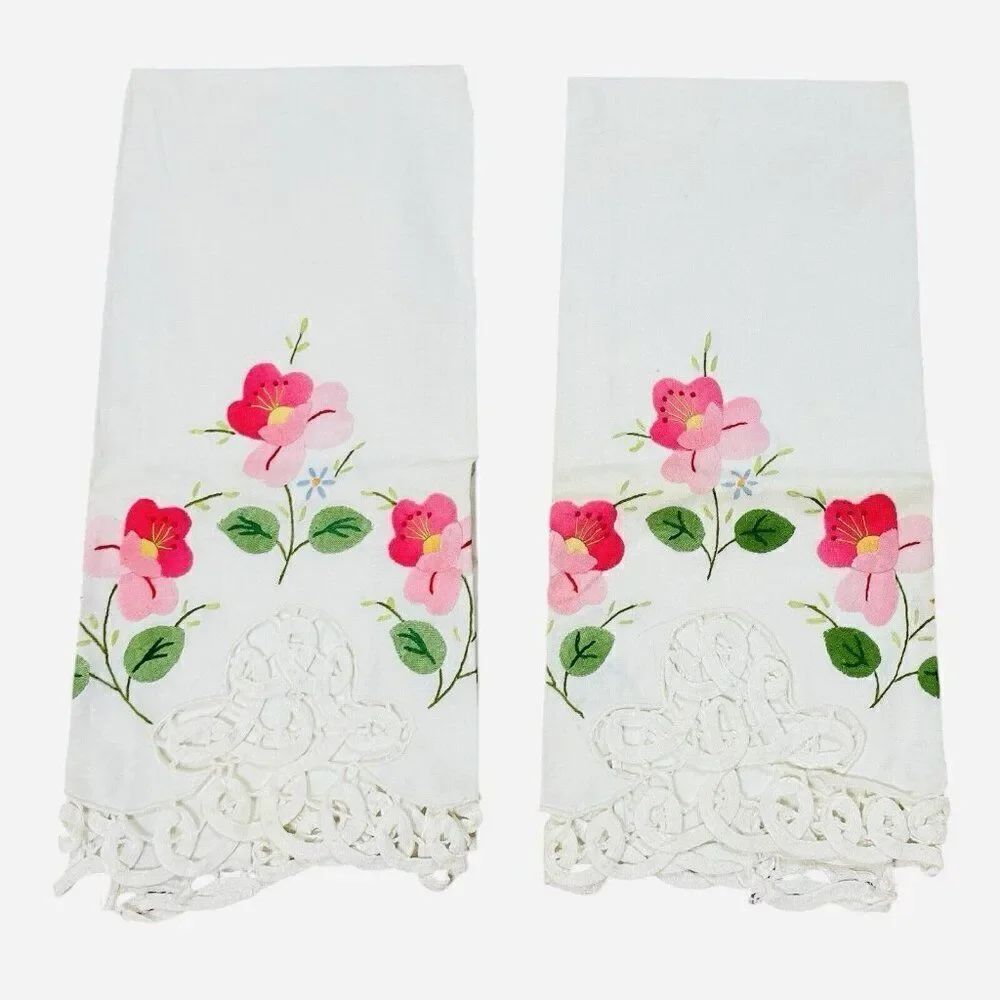 Vintage Pink Flower Linen Tea Towels Set 2 Lace Edge 22x14 Appliqué Embroidered